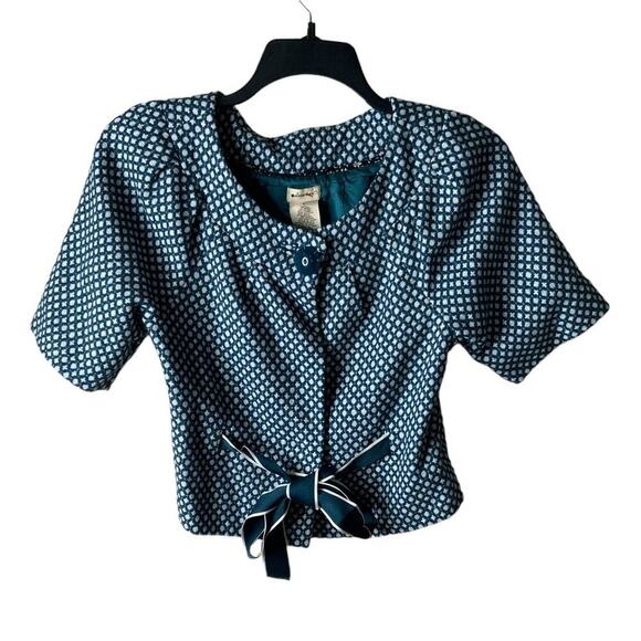 Elevenses Wool Cropped Front Tie Top Women Size 4 3/4 Sleeves Tweed Green White - Picture 3 of 10
